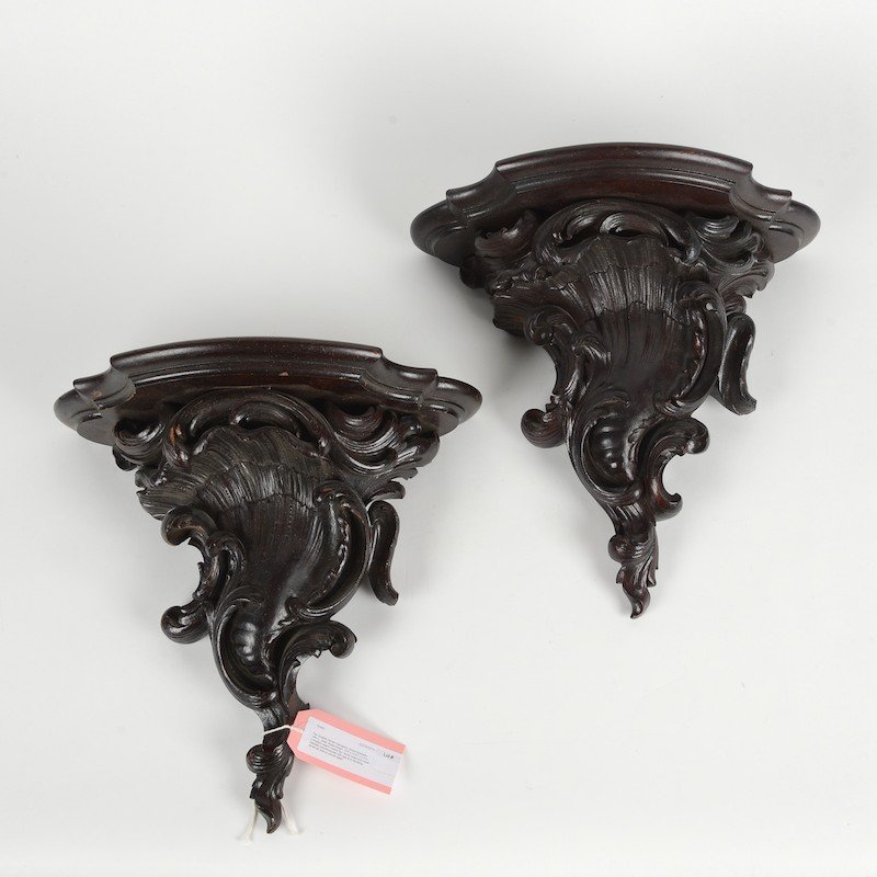 Pair English carved mahogany rococo brackets: Pair English carved mahogany rococo brackets, 19th c., poss. Anglo-Indian, 13"h x 13.5"l x 6.5"d