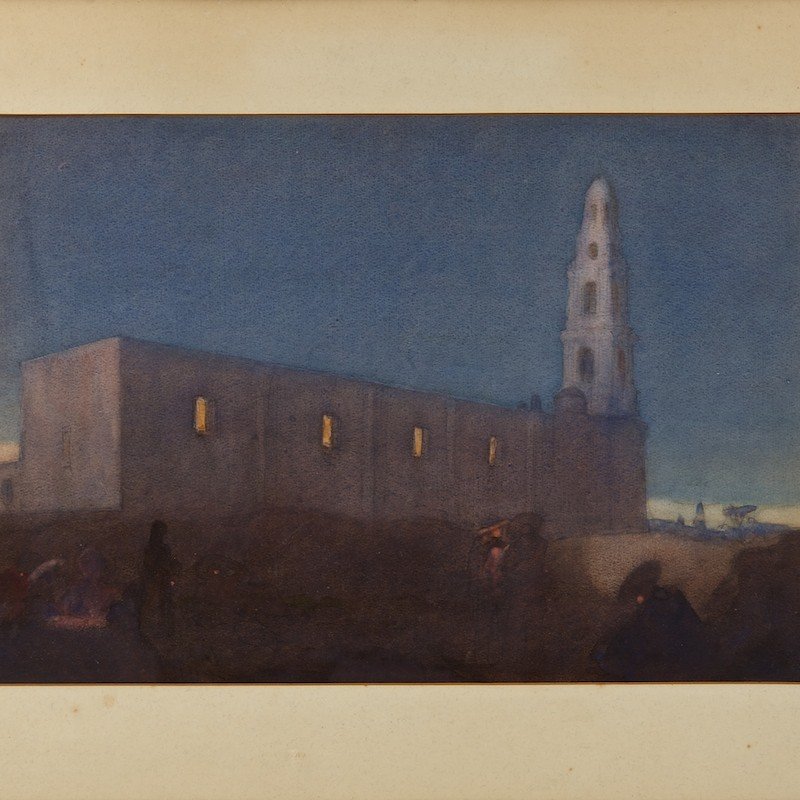 Attr. to Charles Bartlett (1860-1940, English),: Attr. to Charles Bartlett (1860-1940, English), painting, "Village Church in the Chapala Region", watercolor on paper, no signature found, 12" x 17.5" (sight), matted and framed