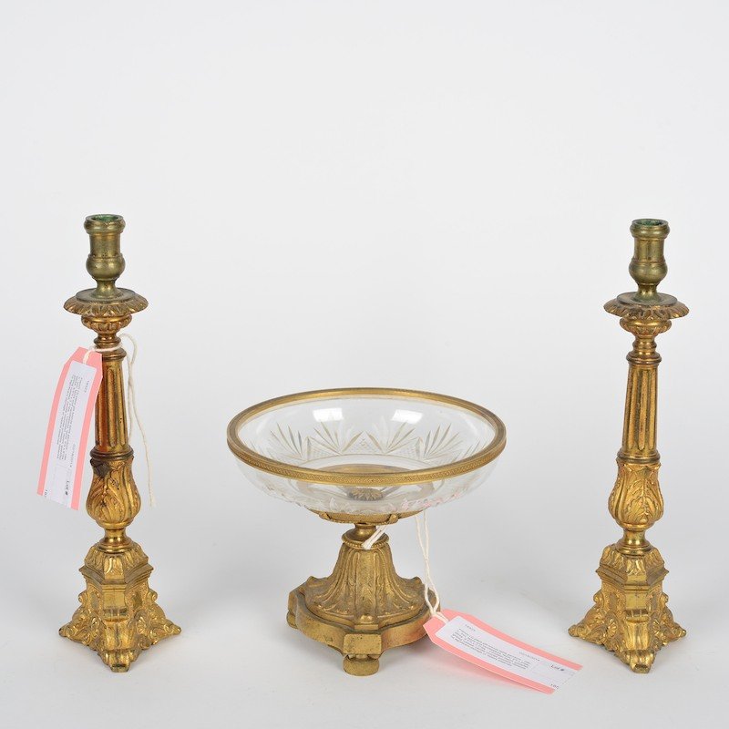 French (3) piece gilt bronze table garniture: French (3) piece gilt bronze table garniture, 19th c., incl. tazza and candlesticks, tazza: 5"h x 6"dia., sticks: 9.5"h x 2.3"dia.