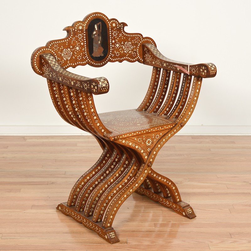 North Italian bone inlaid walnut Savonarola chair: North Italian bone inlaid walnut Savonarola chair, 19th c., "alla certosina" decoration, 37.5"h x 26"w x 20"d