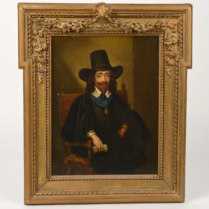 After Edward Bower (18th/19th c.), painting: After Edward Bower (18th/19th c.), painting, King Charles I at his trial, oil on canvas, no signature found, numerous paper labels on verso with references to William Dobson, 13" x 10" (sight), gilt f