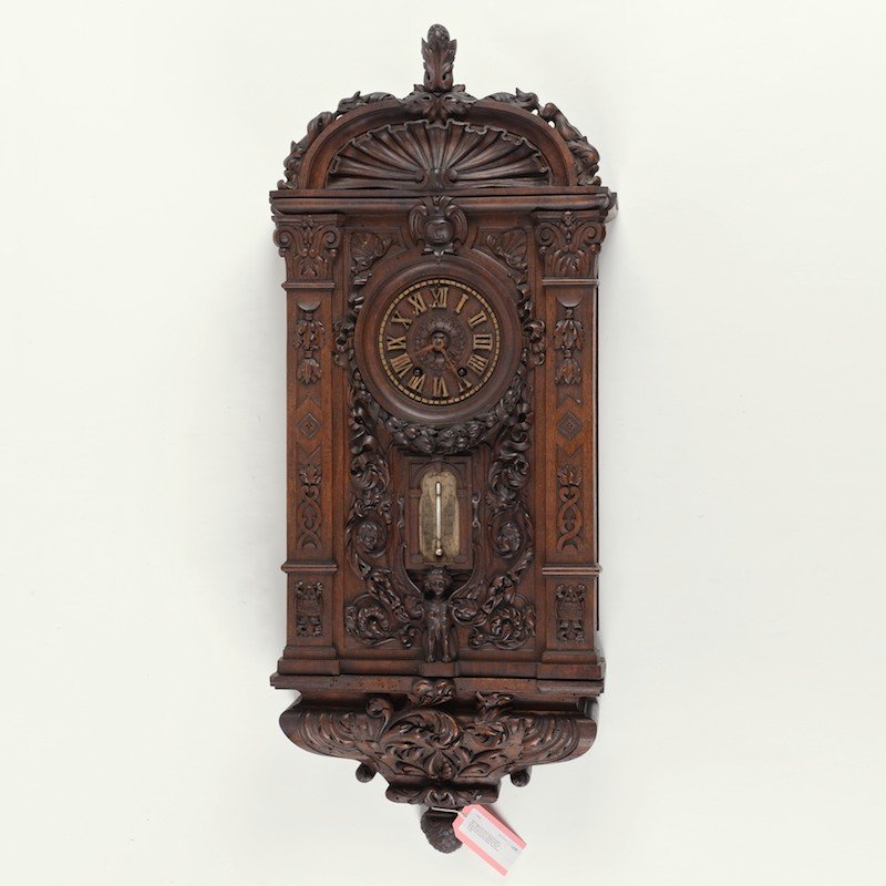Black Forest carved walnut clock thermometer: Black Forest carved walnut clock thermometer, 19th c., 34"h x 14"w x 6"d