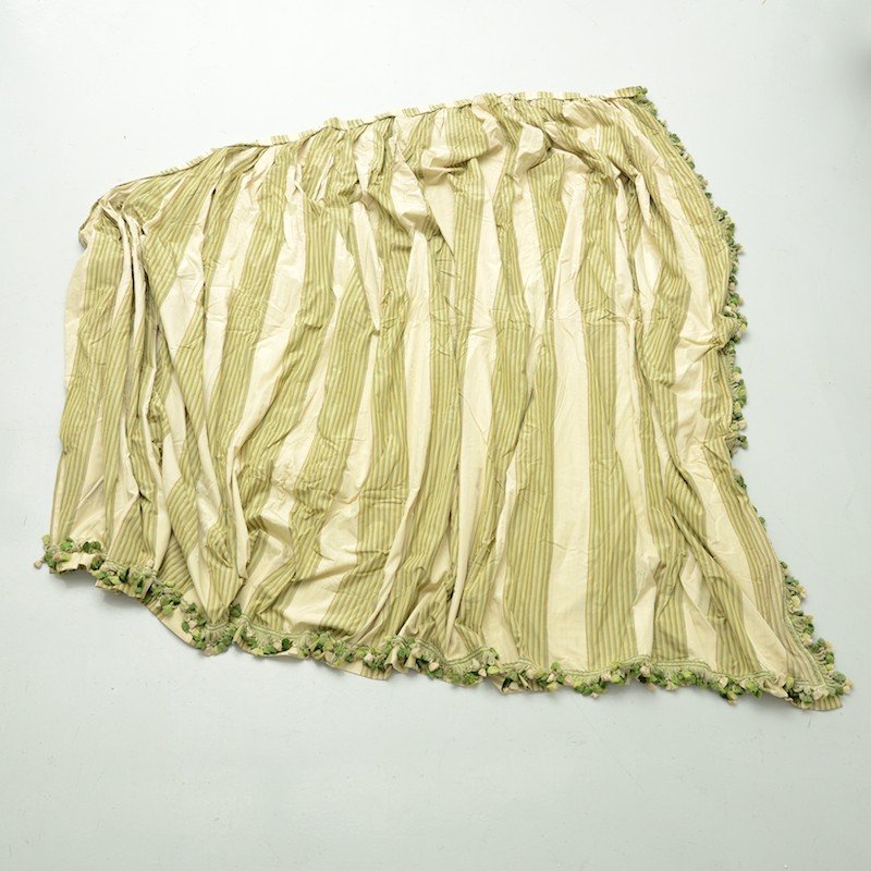 (4) fine drapery panels removed from 834 Fifth Avenue: (4) fine drapery panels removed from 834 Fifth Avenue, Heavy silk in lemon lime shadow stripe with alternating buff stripe with tiebacks, uniquely shaped cascade, not a straight rectangle, velcroed at