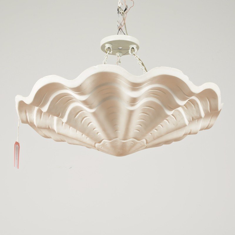 Plaster shell-form chandelier attrib. to Sirmos: Plaster shell-form chandelier attrib. to Sirmos, Circa 1970s, 16"h x 26"dia. (incl. suspension)