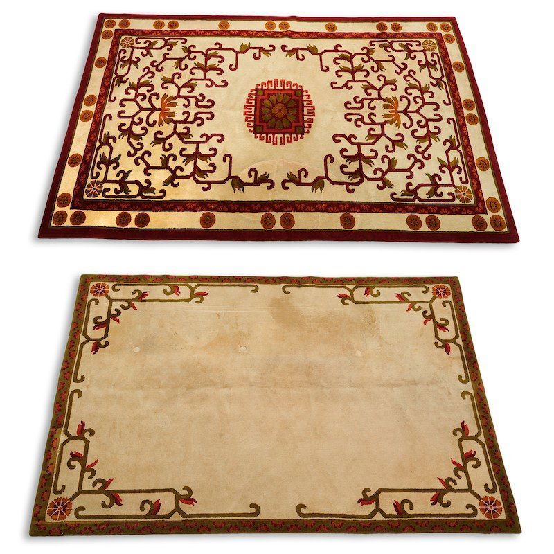 (2) Chinese Deco style carpets by Edward Fields: (2) Chinese Deco style carpets by Edward Fields, Approx. 14'3" x 8' and 11'8" x 8'1"