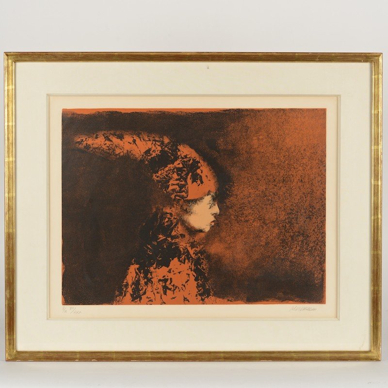 Rafael Coronel (b. 1932, Mexican), lithograph: Rafael Coronel (b. 1932, Mexican), lithograph, Figure with conical hat, color lithograph, pencil signed and numbered "16/30", 18.75" x 24.5" (sight), framed