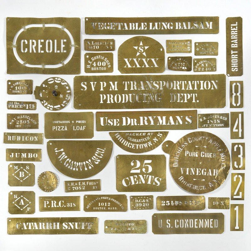 Collection brass stencils, spirit of Robert Indiana: Collection brass stencils, spirit of Robert Indiana, 19th/20th c., approx. (40) pieces, 8"h x 36"l (largest), 3"h x 5.5"l (smallest) Provenance: The Estate of Arthur C. Carr, NY