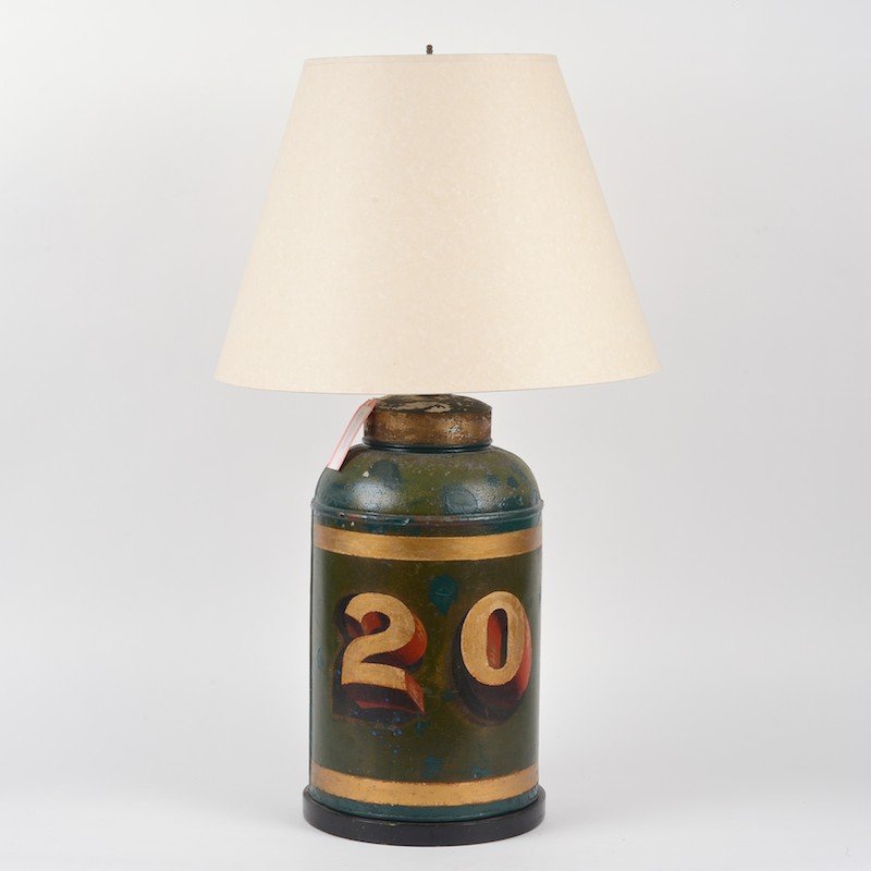 Antique green tole peinte "20" tea canister lamp: Antique green tole peinte "20" tea canister lamp, 19th c., 16"h x 10"dia. (excl. fittings), 32"h (total) Provenance: The Estate of Arthur C. Carr, NY