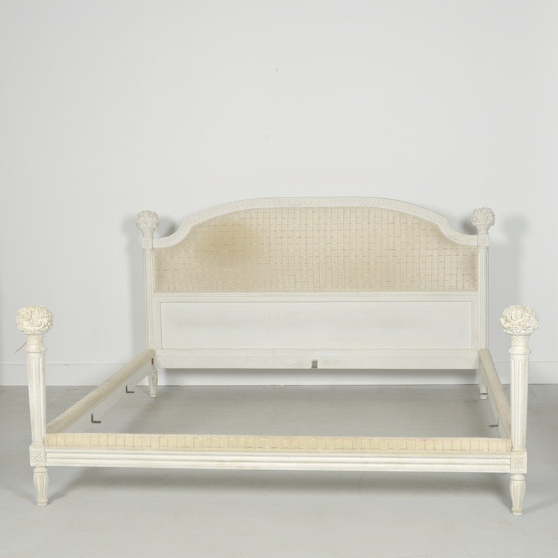 Serge Roche meets Louis XVI white king size bed: Serge Roche meets Louis XVI white king size bed, 20th c., bold and unusual floral basket finials, 45.5"h x 84"w x 84"l