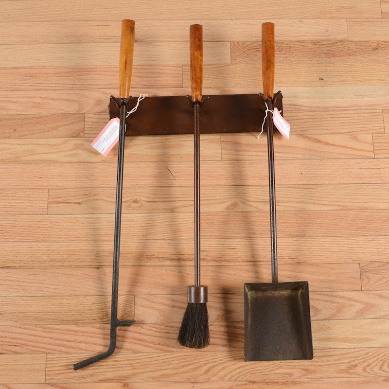 Set (3) George Nelson fire tools with wall rack: Set (3) George Nelson fire tools with wall rack, Circa 1960s, manufactured by Howard Miller, poker, brush and shovel, 27.5"l (shovel)