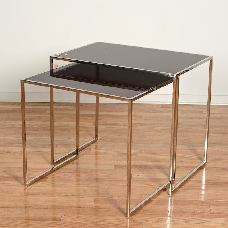 Rosewood, chromed steel nesting tables by Bolier: Rosewood, chromed steel nesting tables by Bolier, 20th/21st c., 23"h x 27"w x 18"d (larger) Provenance: 15 Central Park West, NY