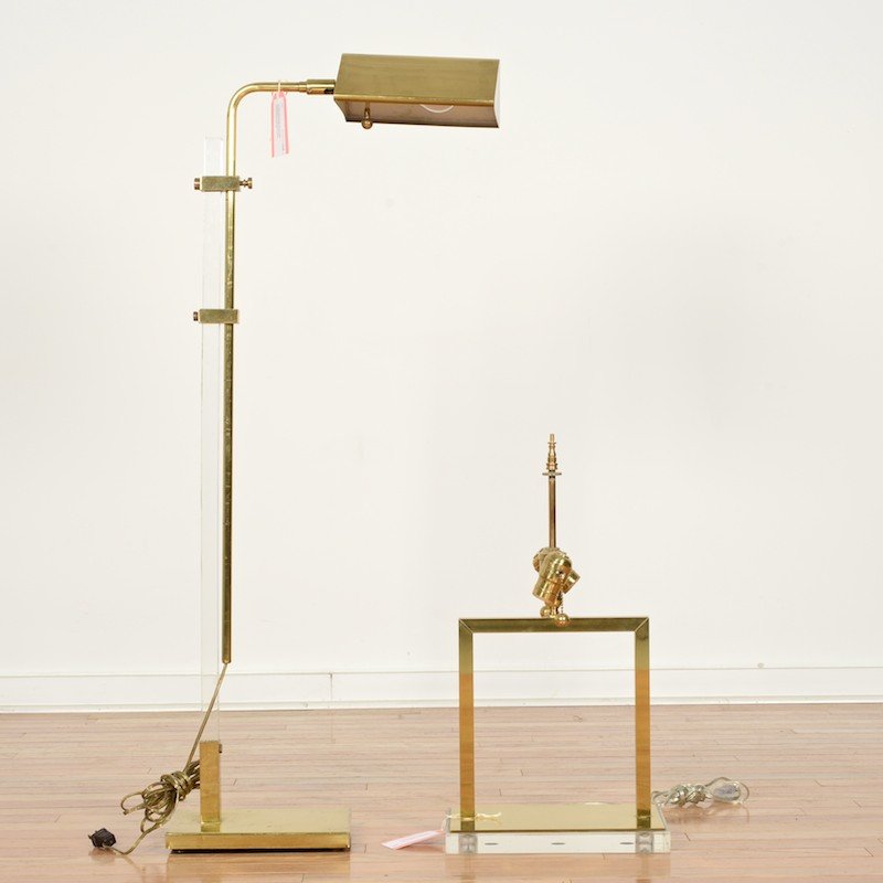 (2) Charles Hollis Jones style brass, acrylic lamps: (2) Charles Hollis Jones style brass, acrylic lamps, Circa 1970s, bridge lamp and table lamp, bridge: 51"h (adjustable) x 14"l, table: 21"h x 11.5"w