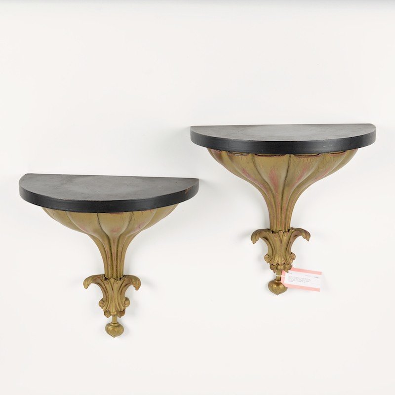 Pair Hollywood Regency gilt lacquer wall brackets: Pair Hollywood Regency gilt lacquer wall brackets, Circa 1940s, bronze pendants, 14"h x 13.5"w x 7"d