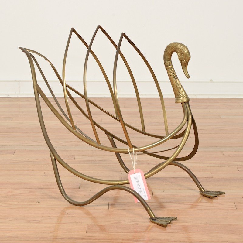 Jansen style brass swan magazine rack: Jansen style brass swan magazine rack, Circa 1960s/70s, probably Italian, 18"h x 25"l x 12.5"w