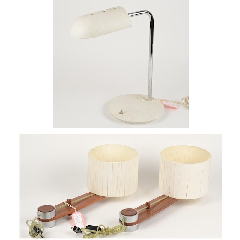 (3) Modernist walnut, leather steel table lamps: (3) Modernist walnut, leather steel table lamps, Circa 1960s/70s, (3) pcs., incl. a pair of George Nelson style table or shelf lights and an Italian desk lamp, 19"h x 10"l (desk lamp), 7.5"h x 19"l (s