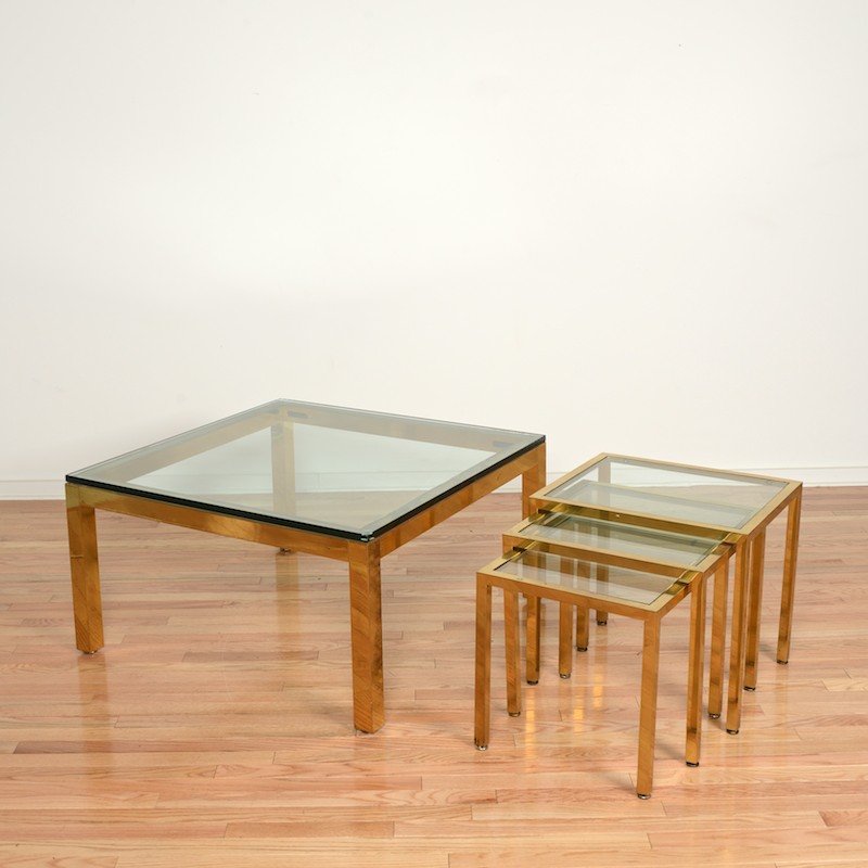 Suite Mastercraft style brass occasional tables: Suite Mastercraft style brass occasional tables, Circa 1970s, incl. (1) coffee table and (3) end tables, 19"h x 36"squ. (coffee table), 19"h x 21"l x 17"d (end tables)
