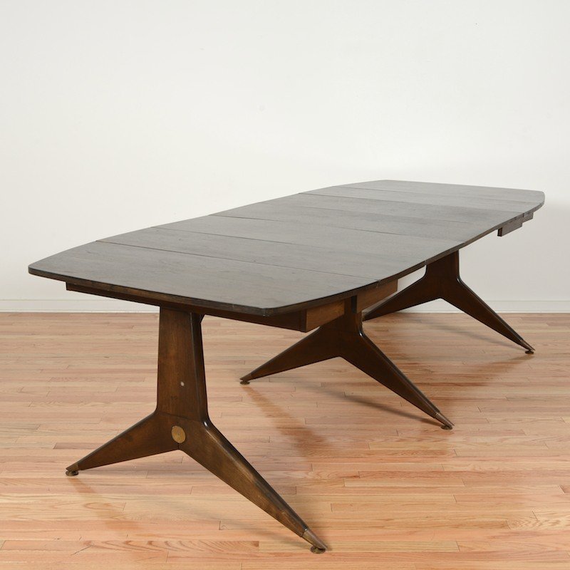 Walnut and brass dining table attrib. to Gio Ponti: Walnut and brass dining table attrib. to Gio Ponti, Mid 20th c., extension top with (3) 14-inch leaves, 29.5"h x 60"l (closed) x 102" (open) x 42"w