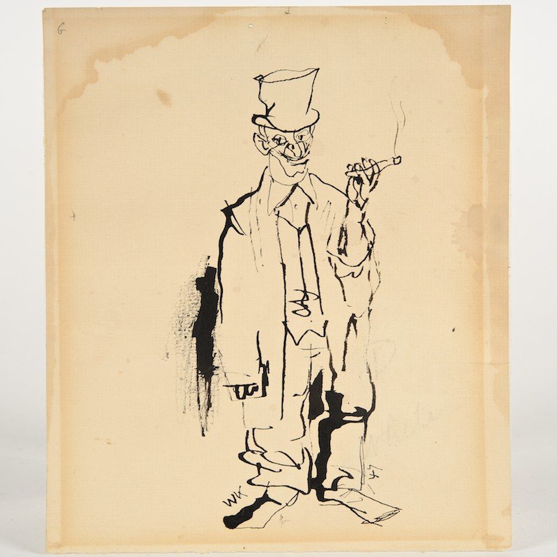 Walt Kuhn (1877-1949, American), drawing: Walt Kuhn (1877-1949, American), drawing, Clown with top hat, pen and ink on paper, signed "WK", lower left, 8.5" x 7.25" (sheet), unframed
