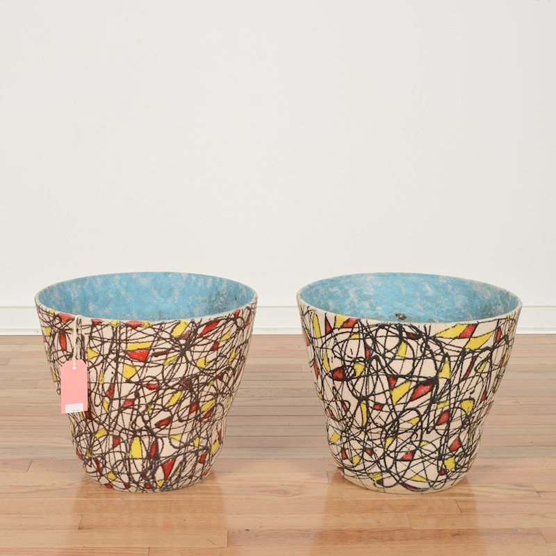 Pair Mid-Century modern planters attr. to Raymor: Pair Mid-Century modern planters attr. to Raymor, Mid 20th c., unmarked, 12"h x 14"dia. Provenance: Property removed from "Neumann House" by Marcel Breuer, NY