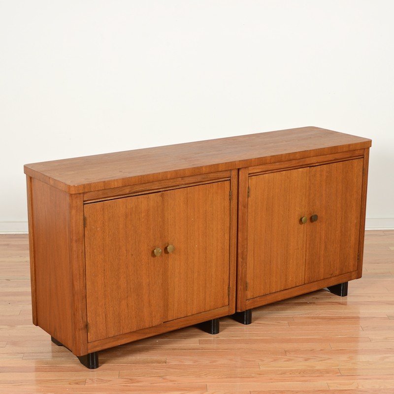 Danish Modern teakwood four-door credenza: Danish Modern teakwood four-door credenza, Mid 20th c., 29"h x 59.5"l x 16"d