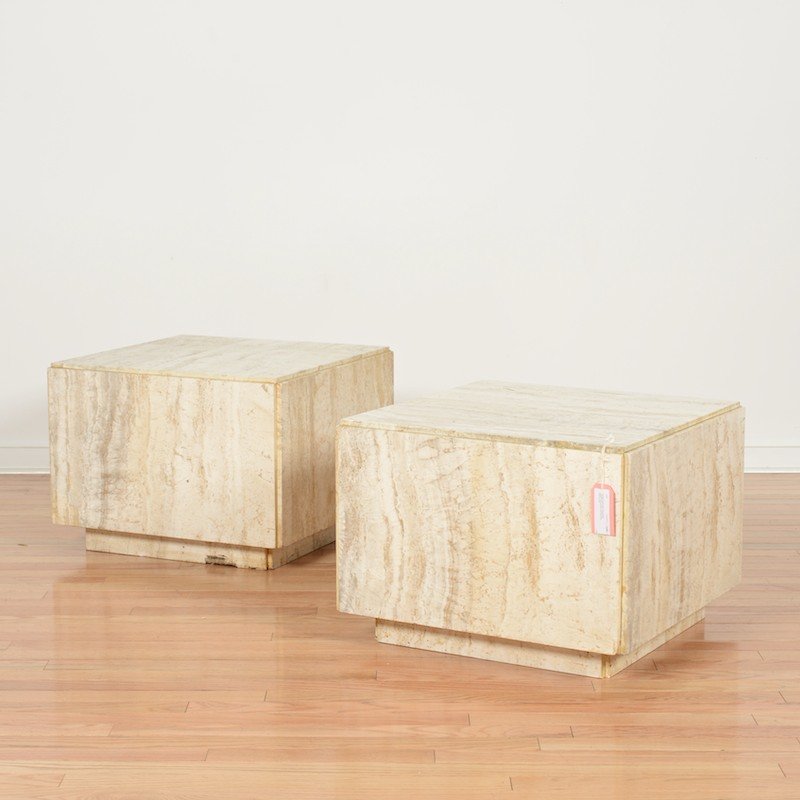 Pair Italian travertine marble cube end tables: Pair Italian travertine marble cube end tables, Circa 1980s, 16"h x 22"squ.