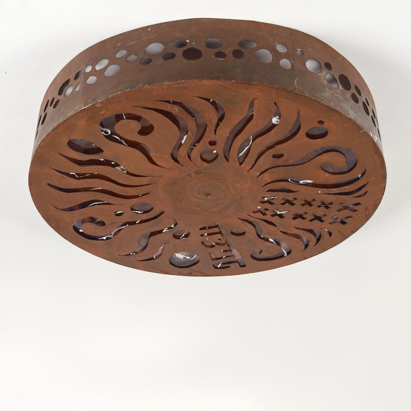 Garouste & Bonetti style steel light fixture shade: Garouste & Bonetti style steel light fixture shade, 20th c., 7.5"h x 38.5" dia. Provenance: The Estate of Amy Perlin, NY