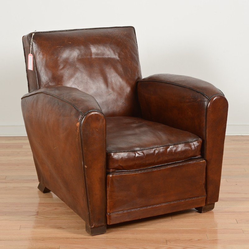 French Art Deco period leather club chair: French Art Deco period leather club chair, Circa 1930s, 36"h x 31"w x 29"d
