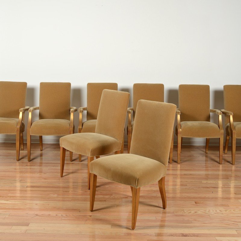 (8) Mid-Century French style giltwood dining chairs: (8) Mid-Century French style giltwood dining chairs, 20th/21st c., poss. by Directional, comp. (6) armchairs and (2) side chairs, poss. Nancy Corzine or Hurtado, beige mohair seating, 38"h x 23.5"w x