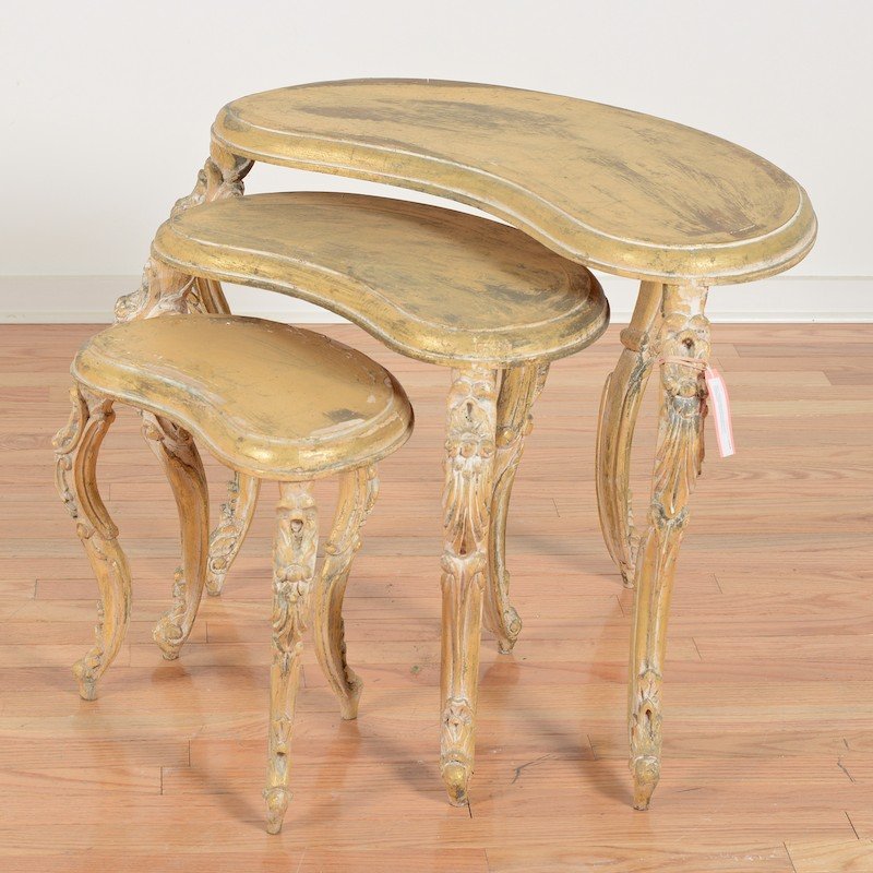Set (3) Hollywood Regency giltwood nesting tables: Set (3) Hollywood Regency giltwood nesting tables, 20th c., kidney shaped tops, 23"h x 29"l x 13.5"d (largest)