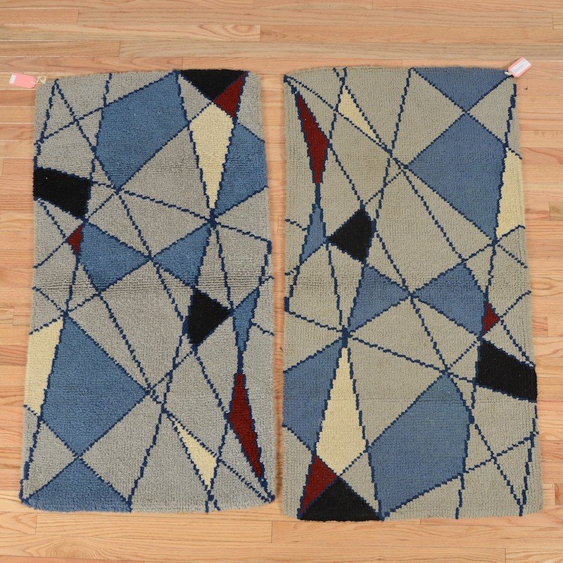 (2) Mid Century Modern rugs, approx. 2'3" x 4'4": (2) Mid Century Modern rugs, approx. 2'3" x 4'4", Mid 20th c., blue and gray tones Provenance: Property removed from "Neumann House" by Marcel Breuer, NY