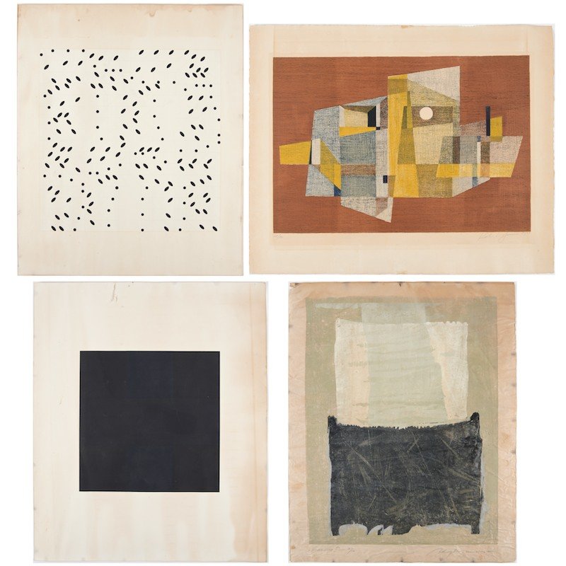 (4) Postwar works on paper from Ciba Geigy Coll.: (4) Postwar works on paper from Ciba Geigy Coll., Incl. Adja Yunkers (1900-1983, American), "Veronica I", 1964, woodcut, signed, ed. 3/10, 29" x 23 (sheet); Ad Reinhardt (1913-1967, American) and Larr