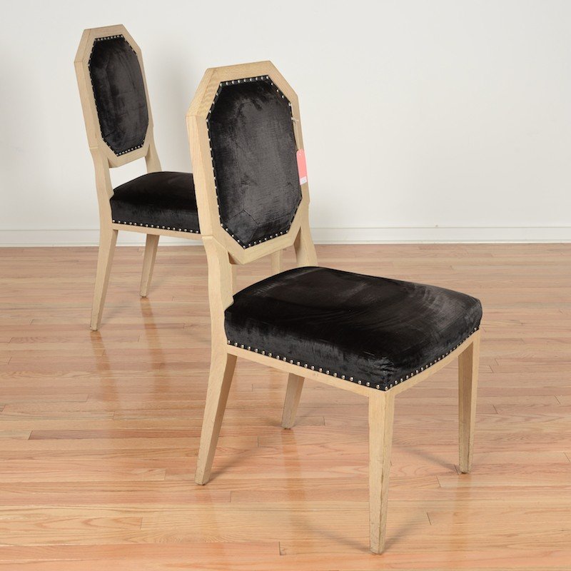 Pair French cerused oak side chairs from Van Cleef: Pair French cerused oak side chairs from Van Cleef, 20th c., in the style of Jean Michel Frank, embroidered black velvet seating, 37.5"h x 18.5"w x 19"d Provenance: Van Cleef & Arpels, NY