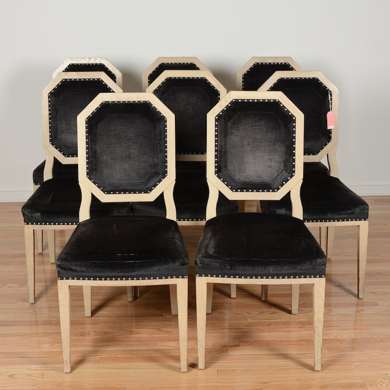 (8) French cerused oak side chairs from Van Cleef: (8) French cerused oak side chairs from Van Cleef, 20th c., in the style of Jean Michel Frank, black velvet seating, 37.5"h x 18.5"w x 19"d Provenance: Van Cleef & Arpels, NY