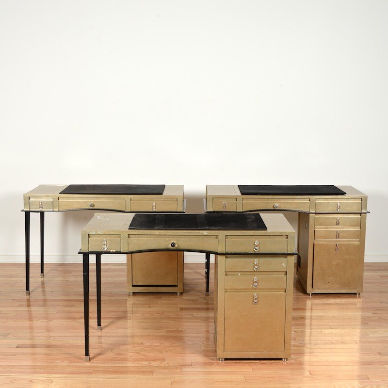 (3) French Art Deco style desks from Van Cleef: (3) French Art Deco style desks from Van Cleef, 20th c., silvered finish with steel/glass fittings, 30.5"h x 47.5"l x 20.5"d Provenance: Van Cleef & Arpels, 744 Fifth Avenue, NY