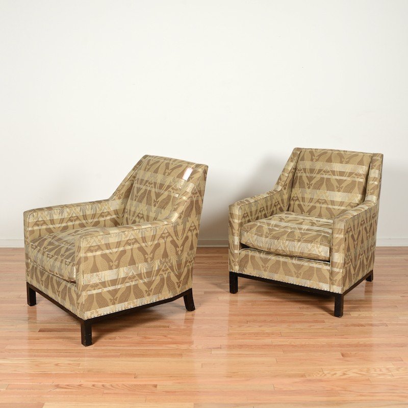 Pair large Art Deco style bergeres from Van Cleef: Pair large Art Deco style bergeres from Van Cleef, 20th/21st c., black lacquer with parrot pattern upholstery, 36"h x 33"w x 36"w Provenance: Van Cleef & Arpels, 744 Fifth Avenue, NY