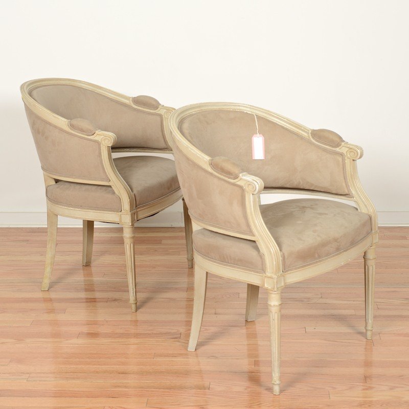Pair Louis XVI style bergeres from Van Cleef: Pair Louis XVI style bergeres from Van Cleef, 20th c., barrel backs, gray painted with taupe suede upholstery, 30.5"h x 23.5"w x 19.5"d Provenance: Van Cleef & Arpels, 744 Fifth Avenue, NY