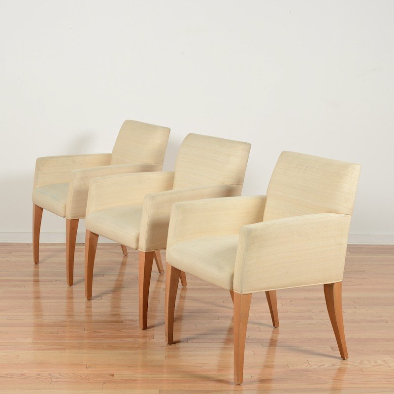 (3) Mid-Century French style bergeres from Van Cleef: (3) Mid-Century French style bergeres from Van Cleef, 20th c., sycamore legs, 30"h x 20"w x 23"d Provenance: Van Cleef & Arpels, 744 Fifth Avenue, NY