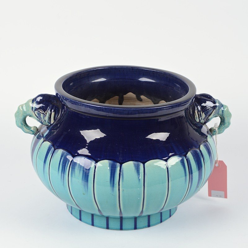 Glazed pottery planter attrib. to Clement Massier: Glazed pottery planter attrib. to Clement Massier, 19th/20th c., elephant handles, 11"h x 17.5"w