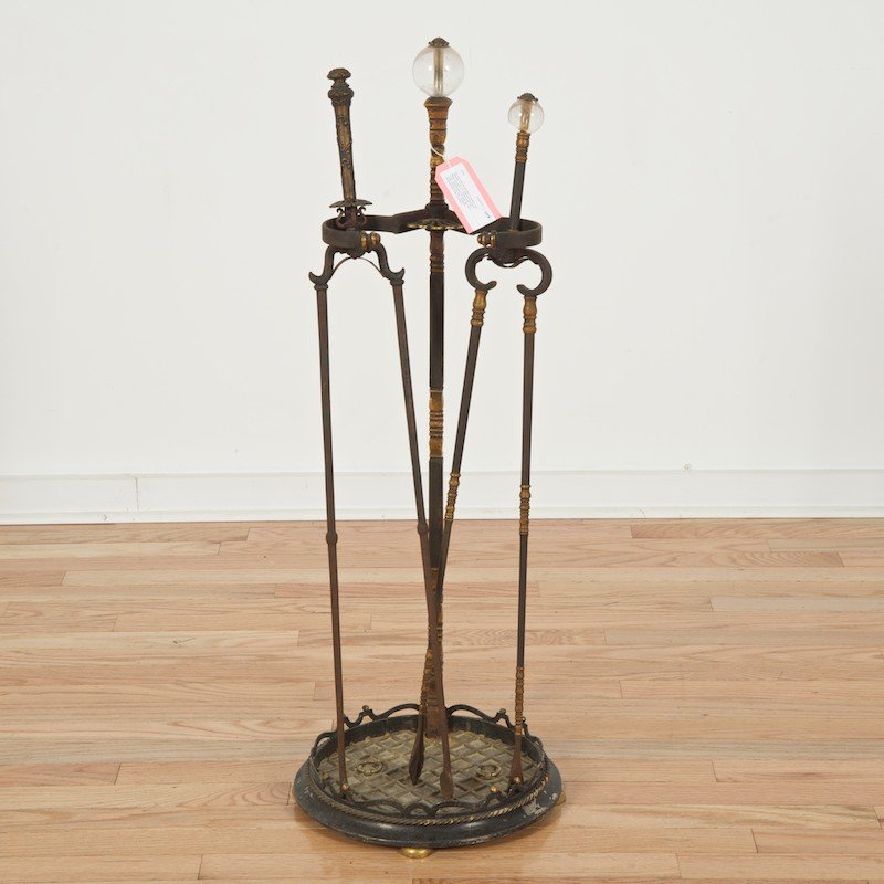Iron, rock crystal fire tools attrib. to Caldwell: Iron, rock crystal fire tools attrib. to Caldwell, Circa 1910s/20s, (3) pcs., incl. tongs and stand, bronze fittings, unmarked, E.F. Caldwell quality, 33"h x 12"dia. Provenance: Deaccession from a New