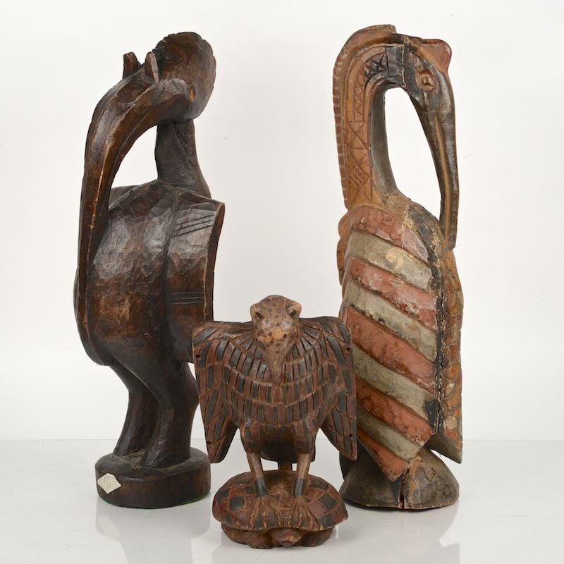 (3) African tribal carved, painted wood bird statues