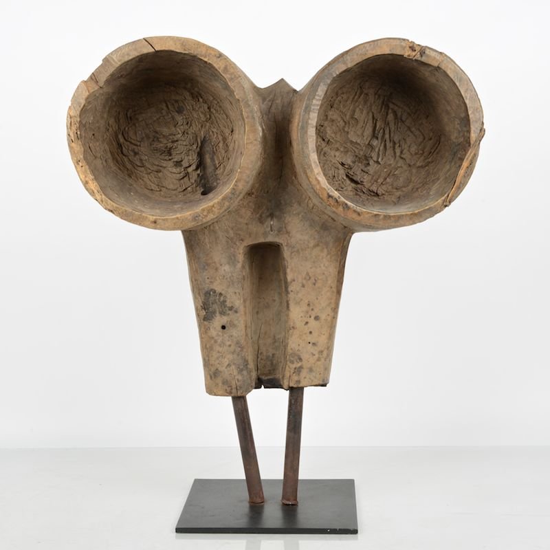 African tribal carved wood bellows: African tribal carved wood bellows, 20th c., possibly Luba, DR Congo, on museum mount, 20"h x 23"w x 7"d Provenance: From the Rona Family Collections, Princeton, NJ