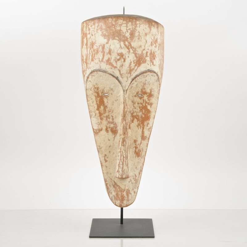 African tribal carved, painted wood mask: African tribal carved, painted wood mask, 20th c., possibly Fang, Gabon, on museum mount, 23"h x 10.25"w x 6.25"d Provenance: Estate of Glen Sergeon, New York, NY