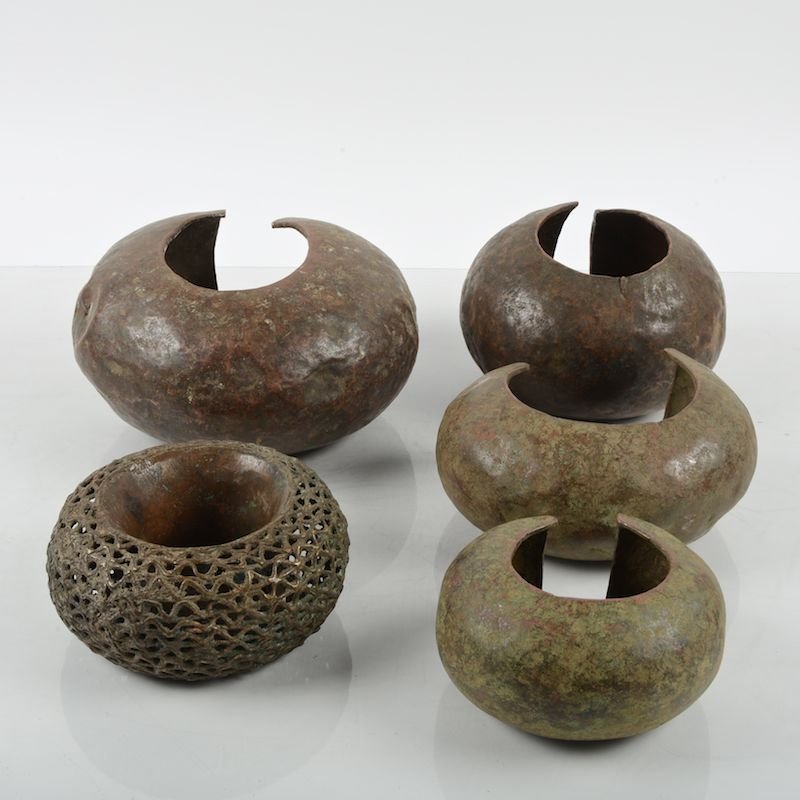 (5) African tribal copper currency anklets: (5) African tribal copper currency anklets, 20th c., possibly Mbole, DR Congo, largest: 6"h x 11"w Provenance: From the Rona Family Collections, Princeton, NJ