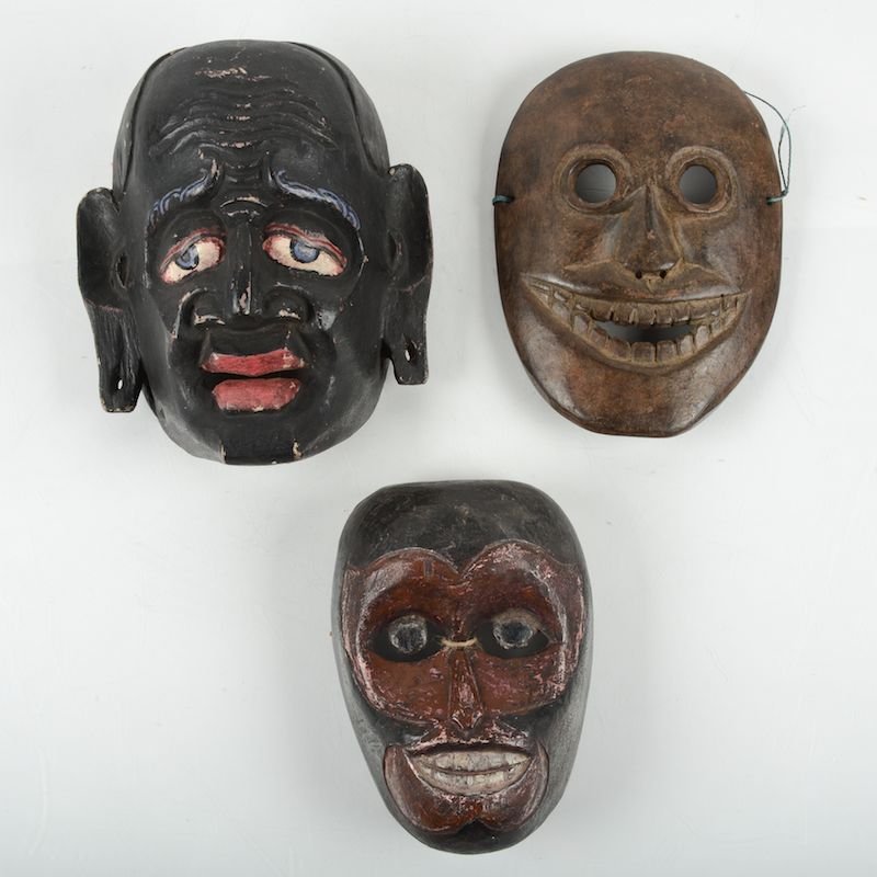(3) Himalayan carved, painted wood masks: (3) Himalayan carved, painted wood masks, 20th c., possibly Nepalese, largest: 9.75"h x 8.5"w x 4.75"d Provenance: From the Rona Family Collections, Princeton, NJ; Stuart Perrin Oriental Art & Antique
