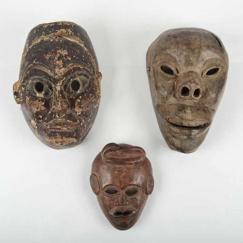 (3) Himalayan carved, painted wood masks: (3) Himalayan carved, painted wood masks, 20th c., possibly Tibetan or Nepalese, with jianding wax seals, largest: 11"h x 7.5"w x 5"d Provenance: From the Rona Family Collections, Princeton, NJ