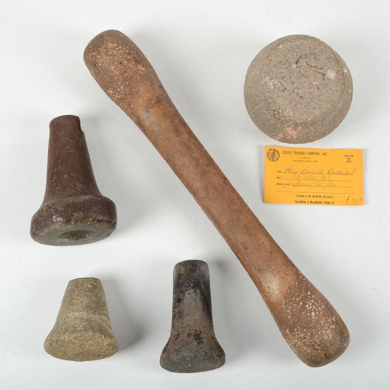 (5) Native American and tribal stone tools: (5) Native American and tribal stone tools, Possibly circa 200 BC and later, incl. pounders and a large biscuit discoidal, Sevier County, AZ, 4"h x 4.5"dia. (discoidal), 19"l x 3"w (largest) Provenanc