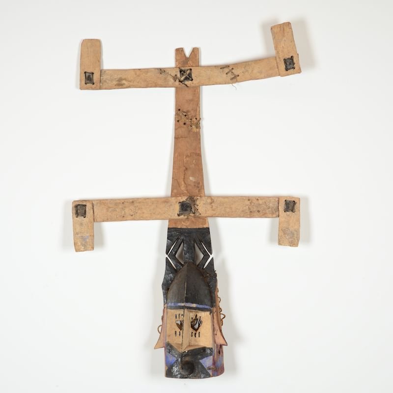 African tribal carved wood mask: African tribal carved wood mask, 20th c., Kanaga type bird mask, possibly Dogon, Mali Rep., 41"h x 27.5"w x 8"d Provenance: From the Rona Family Collections, Princeton, NJ