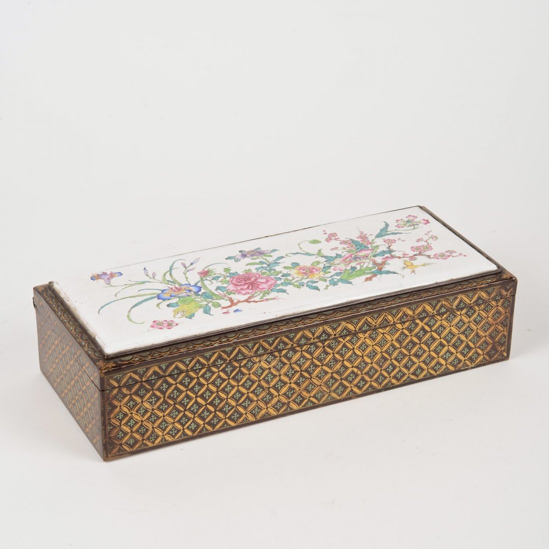 Chinese Canton enamel and gilt copper box: Chinese Canton enamel and gilt copper box, 19th c., decorated with prunus, peonies and Buddha's hand citrons, 2.75"h x 12"l x 5.25"d Provenance: Estate of Edgar M. Bronfman, New York, NY