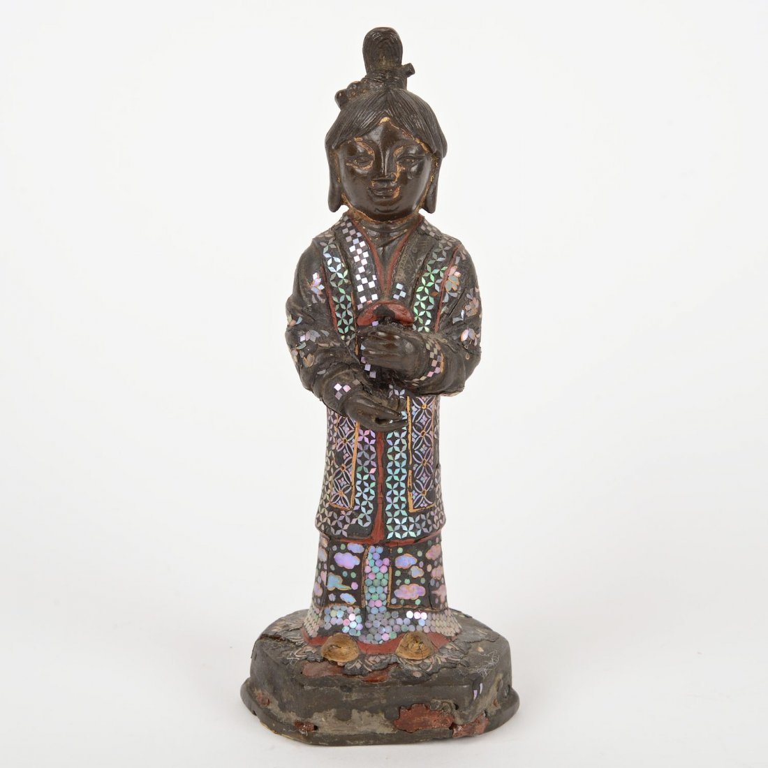 Early Japanese or Korean lacquered bronze figure: Early Japanese or Korean lacquered bronze figure, 18th/19th c., with mother of pearl inlay, 7"h x 2.75"w x 2.25"d Provenance: Estate of Edgar M. Bronfman