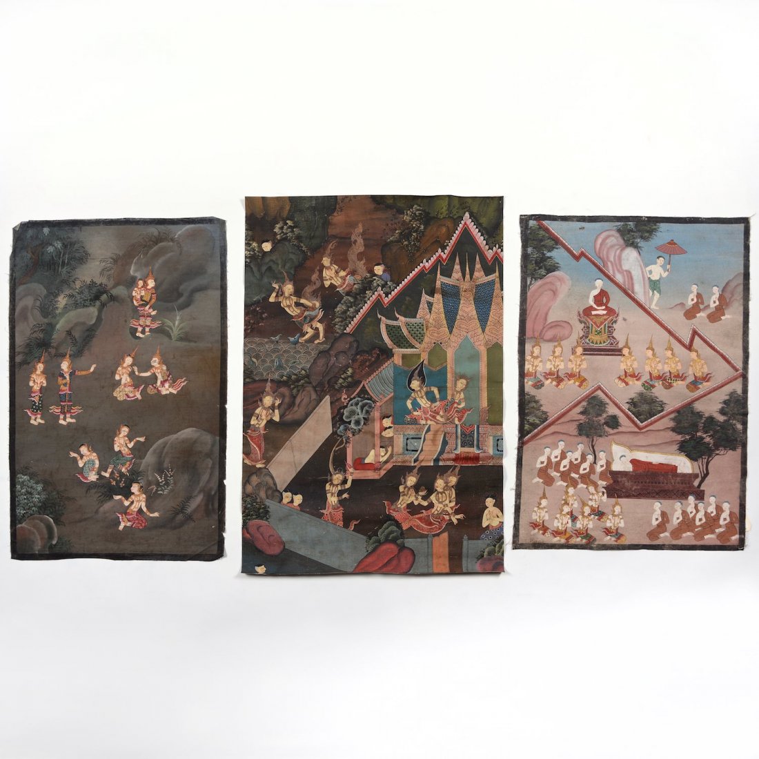 Thai School (19th/20th c.), (3) paintings: Thai School (19th/20th c.), (3) paintings, Buddhist imagery, colors on textile, 41" x 26.75" (largest), unframed